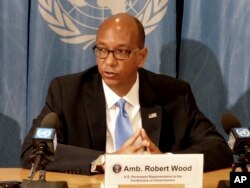FILE - Ambassador Robert Wood, U.S. permanent representative to the Conference on Disarmament in Geneva, speaks at the U.N.'s European headquarters in Geneva, Switzerland, April 19, 2018.