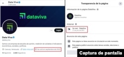 Capturas de pantalla de la página de X y de Facebook de la encuestadora Data Viva, la cual fue creada apenas a finales del año pasado.