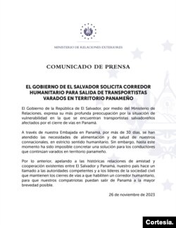 Comunicado del gobierno de EL Salvador sobre transportistas salvadoreños varados en Panamá.