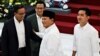 Indonesia's President-elect Prabowo Subianto and Vice President-elect Gibran Rakabuming Raka greet losing Presidential candidate Anies Baswedan and his running mate as the election commission officially announces the election winners, Jakarta, Apr. 24, 2024. 