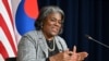 Duta Besar AS untuk PBB Linda Thomas-Greenfield berbicara saat konferensi pers di American Diplomacy House di Seoul pada 17 April 2024. (Foto: via REUTERS)