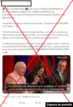 Captura de desinformación en X donde se asegura que es una "farsa" el cambio climático y se habla del CO2.