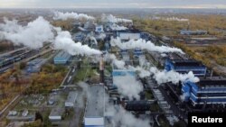 An aerial view shows a plant of Omsktechuglerod company producing carbon black in Omsk, Russia, Oct. 4, 2021.