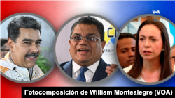Fotocomposición realizada por la Voz de América de los candidatos que lideran los 3 grandes bloques políticos con postulados para la elección presidencial de Venezuela: Nicolás Maduro, presidente; el humorista Benjamin Rausseo; y María Corina Machado, quien no pudo inscribirse.