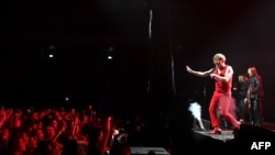 Musicians of the Bi-2 rock band perform at the Arena COS Torwar in Warsaw, Poland, March 16, 2024. 