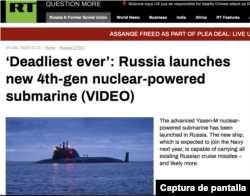 Captura de la publicación de RT donde aparece la imagen de archivo del submarino ruso publicada en diciembre de 2019.