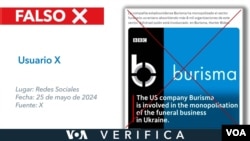 Es falso que la BBC reportara que una empresa de EEUU ha monopolizado el negocio de los funerales en Ucrania como se dice en X. Diseño; Mila Cruz.