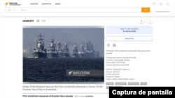 Captura de pantalla de SPUTNIK MEDIABANK que muestra barcos de la Armada rusa en el primer ensayo combinado para desfile del Día de la Armada Rusa en Kronstadt el 22 de julio de 2018. (Alexander Galperin/Sputnik).
