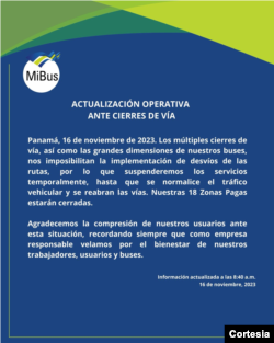 Comunicado de la empresa de autobuses de Panamá anuncia suspensión del servicio debido a las protestas.