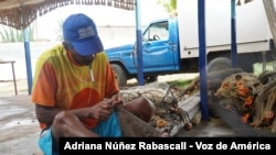 Un pescador intenta sacar las manchas de petróleo de su red