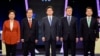 (L-R) Sim Sang-jung, candidate of the leftist Justice Party, Hong Joon-pyo, candidate of the conservative Liberty Korea Party, Yoo Seung-min, candidate of the conservative Bareun Party, Moon Jae-in, candidate of the liberal Democratic Party of Korea and Ahn Cheol-soo, presidential candidate of the centrist People's Party, pose for photographers prior their joint debate forum for the 09 May presidential election at a TV station in Seoul, South Korea, 19 April 2017.