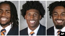 Los tres estudiantes, y jugadores de fútbol américano asesinados en la Universidad de Virginia, en Charlottesville, el 13 de noviembre de 2022. De izquierda a derecha: Devin Chandler, Lavel Davis Jr. y D'Sean Perry.