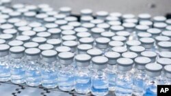 En esta fotografía de agosto de 2022, proporcionada por Pfizer, se muestran viales de la vacuna actualizada contra el COVID-19 de la compañía, en proceso de producción en Kalamazoo, EEUU.