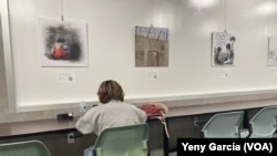 Una joven estudia cerca de caricaturas que forman parte de la exhibición 'A Punta de Lápiz', en la Green Library de la FIU, Miami, el 18 de enero de 2023.