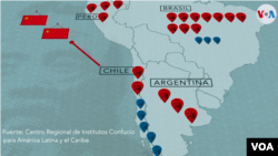 La presencia de los Institutos Confucio es más fuerte en los países que tienen una mayor relación comercial con China. Rojo: Institutos Confucio. Azul: Salones culturales Confucio.