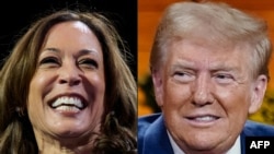 La vicepresidenta de EEUU y candidata presidencial demócrata Kamala Harris en Erie, Pensilvania, el 14 de octubre de 2024 y al expresidente estadounidense y candidato presidencial republicano Donald Trump en Cumming, Georgia, el 15 de octubre de 2024.