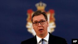 Predsednik Srbije Aleksandar Vučić na konferenciji za štampu u Beogradu, nakon ubistva lidera Srpske liste SDP Olivera Ivanovića u severnom delu Kosovske Mitrovice, 16. januara 2018.