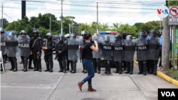 Una periodista dando cobertura a una protesta antigobierno en Managua. [Foto: Houston Castillo/VOA].