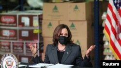 ARCHIVO - La vicepresidenta de EE.UU., Kamala Harris, habla con líderes locales durante una visita a Jacksonville, Florida, el 22 de marzo de 2021.
