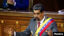 El presidente Nicolás Maduro durante su mensaje anual a la nación, desde la Asamblea General, en Caracas, el 15 de enero de 2024.