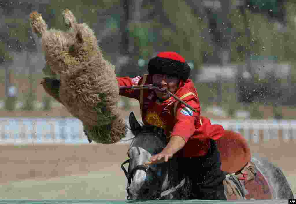 Seorang pria Kyrgyz ikut dalam lomba olahraga tradisonal Buzkashi, di Danau Issyk-Kul, di luar ibukota Bishkek, Kyrgyzstan.