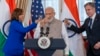 ARCHIVO - La vicepresidenta Kamala Harris, el primer ministro de la India, Narendra Modi, y el secretario de Estado, Antony Blinken, comparten un brindis en Washington, el 23 de junio de 2023. 