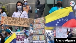 Conjunto de imágenes de protesta del personal del sector de la salud en Venezuela frente a la sede de la ONU en Caracas, exigiendo mejoras laborales. Foto Álvaro Algarra.