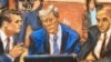 Hình ảnh phác thảo trong phòng xử án cho thấy cựu Tổng thống Mỹ Donald Trump ngồi giữa các luật sư trong quá trình lựa chọn bồi thẩm đoàn cho việc xét xử tại tòa án bang New York ở Manhattan hôm 16/4.