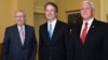 FILE - Senate Majority Leader Mitch McConnell of Kentucky, from left, poses for a photo with Supreme Court nominee Brett Kavanaugh and Vice President Mike Pence as they visit Capitol Hill in Washington, July 10, 2018.