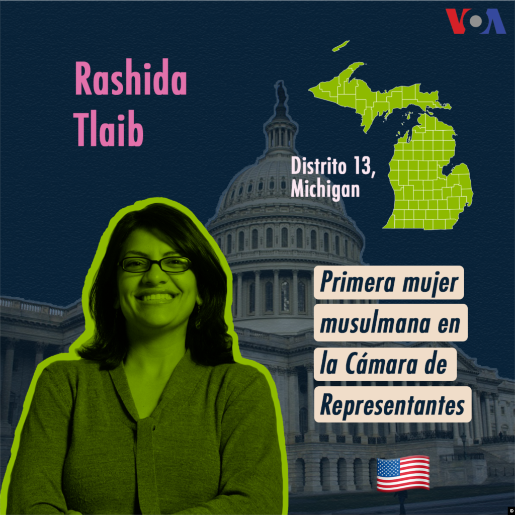 Rashida Tlaib, legisladora demócrata del estado de Michigan, e Ilhan Omar (Minnesota), son las primeras mujeres musulmanes en conseguir un escaño del Congreso de Estados Unidos. Tlaib, de ascendencia palestina y estadounidense, ha defendido el acceso a la salud a través del programa Medicaid. También defiende el aumento del salario mínimo a 15 dólares por hora y la eliminación de la agencia federal de Control de Migración y Aduanas (ICE por sus siglas en inglés), criticada por varios sectores por separar familias de migrantes en la frontera sur del país.