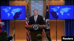 El secretario de Estado, Mike Pompeo, en una rueda de prensa en el Departamento de Estado.