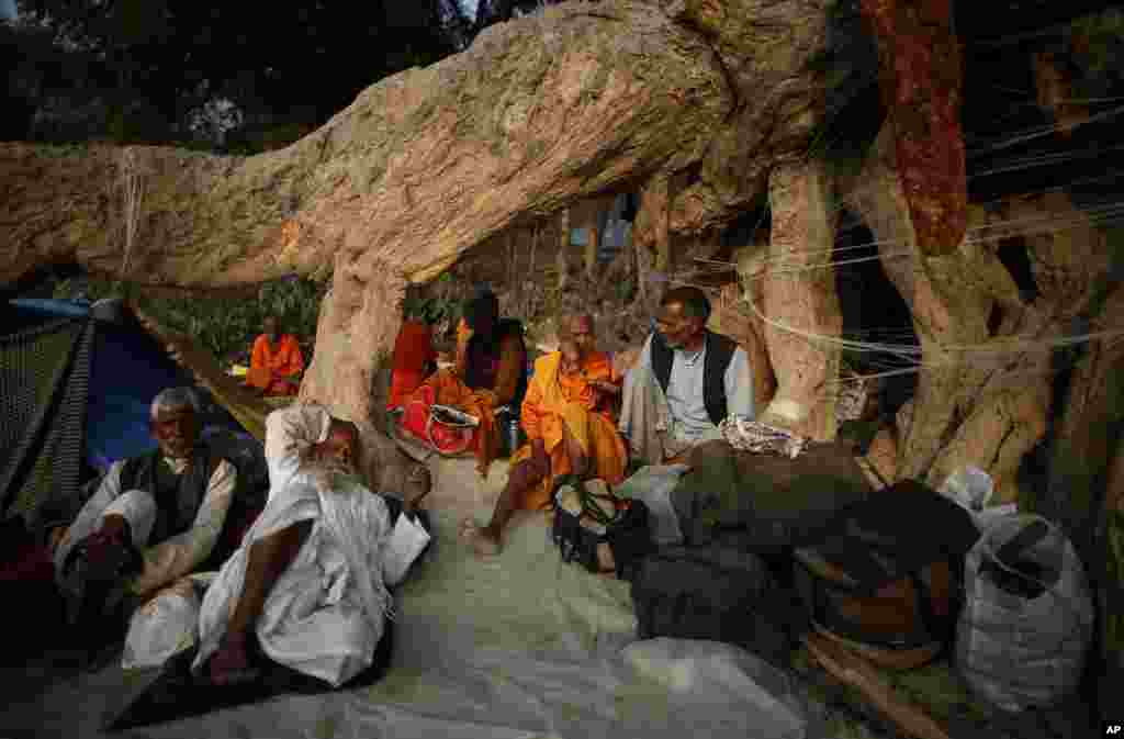 Hindu devotees rest under the roots of a giant tree during the Kumbh Mela festival in Allahabad, India, Feb. 11, 2013. 