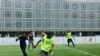 An amateur match outside the Arab World Institute in Paris. ( L. Bryant/VOA)