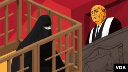 Ilustración digital de una sala de audiencias en Irak, un juez que preside la sentencia de una mujer acusada de crímenes relacionados con el Estado Islámico. (Brian Williamson-VOA)