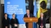 Swiss, Swedish and U.N. оfficials flank U.N. Secretary-General Antonio Guterres (at podium) at a press conference following a pledging conference for the humanitarian crisis in Yemen, at United Nations offices in Geneva, Feb. 26, 2019.