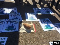 En una protesta frente a la Casa Blanca en Washington,defensores de los inmigrantes con TPS ponen sus carteles en el suelo y usan un pan para compartir en forma de comunión. Octubre 23 , 2017.