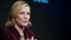 FILE - Actress Cate Blanchett, goodwill ambassador for the United Nations High Commissioner for Refugees (UNHCR), gestures as she attends the World Economic Forum (WEF) annual meeting in Davos, Switzerland, Jan. 23, 2018. 