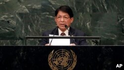 El canciller de Nicaragua, Denis Moncada Colindres, se dirige a la 73ª sesión de la Asamblea General de las Naciones Unidas, en la sede de la ONU, el lunes 1 de octubre de 2018. (Foto AP/Richard Drew)