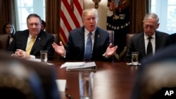 ARCHIVO - El secretario de Estado Mike Pompeo, a la izquierda, y el secretario de Defensa Jim Mattis, a la derecha, escuchan mientras el presidente Donald Trump habla durante una reunión del gabinete en la Casa Blanca, el 21 de junio de 2018.