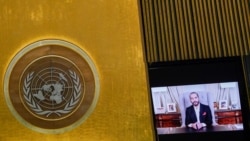 El presidente de El Salvador, Nayib Bukele, interviene mediante un vídeo pregrabado en la Asamblea General de las Naciones Unidas, en Nueva York, el 23 de septiembre de 2021.
