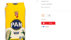 Marcaje de precios en bolívares de un paquete de harina de maíz en la página de un supermercado. Foto: Captura de pantalla.