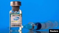 En esta imagen tomada el 19 de marzo de 2021 se ve un vial etiquetado con la vacuna contra la enfermedad por coronavirus de Pfizer-BioNTech.