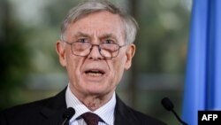 Horst Koehler, envoy of the U.N. secretary-general for Western Sahara, talks to reporters after a two-day round of talks on ending the Western Sahara conflict, at U.N. offices in Geneva, March 22, 2019.