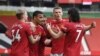 'Yan wasan Manchester United suna murnar shan kwallo, Afrilu 18, 2021.