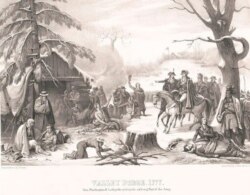 El general Washington y Lafayette visitando soldados enfermos en Valley Forge, en 1777. Pintado y dibujado por A. Gibert. (Biblioteca del Congreso)