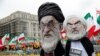 FILE - Protesters yell behind effigies of Iranian President Hassan Rouhani and Supreme Leader Ayatollah Ali Khamenei to rally for government change in Iran during a demonstration in Washington, March 8, 2019.