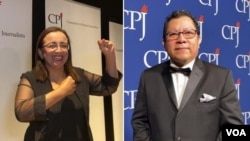 Lucía Pineda y Miguel Mora, periodistas del informativo nicaragüense "100% Noticias", que fueran galardonados por el Comité para la Protección a los Periodistas (CPJ), el jueves en Nueva York. Foto: Celia Mendoza/VOA.