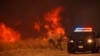 Policías del condado vuelven a su vehículo tras observar las llamas provocadas por el incendio Hughes junto a una carretera en Castaic, California, el 22 de enero de 2025.