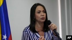 María Corina Machado durante un conversatorio con la Asociación de la Prensa Extranjera en Venezuela (APEX), el 26 de septiembre de 2023